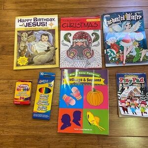 Collection of holiday coloring books an activity pad, color pencils & crayons
